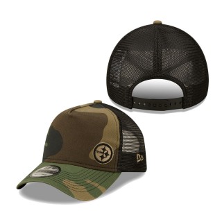 Men's Pittsburgh Steelers New Era Camo Black Flawless Utility A-Frame Trucker 9FORTY Snapback Hat