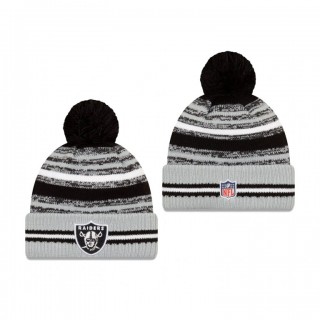 Las Vegas Raiders Black Silver 2021 NFL Sideline Sport Pom Cuffed Knit Hat