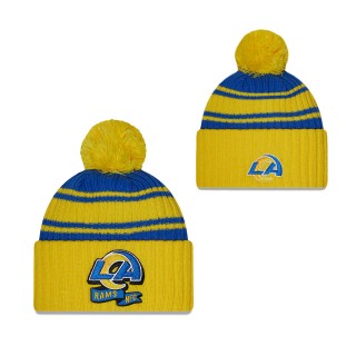 Men's Los Angeles Rams Blue Gold 2022 Sideline Cuffed Pom Knit Hat