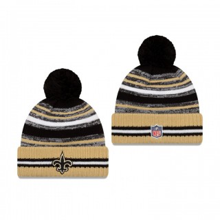 New Orleans Saints Black Gold 2021 NFL Sideline Sport Pom Cuffed Knit Hat