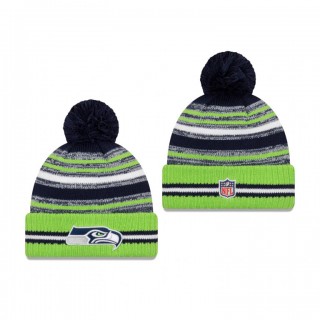 Seattle Seahawks College Navy Neon Green 2021 NFL Sideline Sport Pom Cuffed Knit Hat