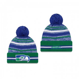 Seattle Seahawks Royal Kelly Green 2021 NFL Sideline Historic Pom Cuffed Knit Hat