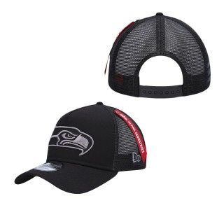 Men's Seattle Seahawks x Alpha Industries Black A-Frame 9FORTY Trucker Snapback Hat