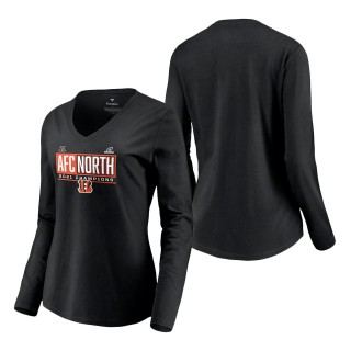 Women Cincinnati Bengals Black 2021 AFC North Division Champions Blocked Favorite V-Neck Long Sleeve T-Shirt