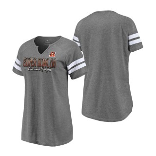 Women's Cincinnati Bengals Heathered Charcoal Super Bowl LVI Bound Fade Script Stripe Notch Neck T-Shirt