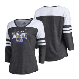 Women's Los Angeles Rams Heathered Charcoal Super Bowl LVI Bound Classic Play Stripe 3-4-Sleeve Scoop Neck T-Shirt