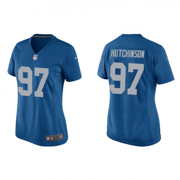 Women's Lions Aidan Hutchinson Blue 2022 NFL Draft Throwback Game Jersey