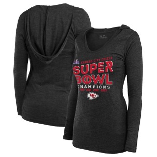 Women's Chiefs Black Super Bowl LVIII Champions Loudmouth Tri-Blend V-Neck Long Sleeve Hoodie T-Shirt