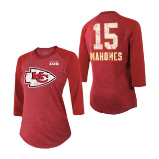 Women's Kansas City Chiefs Patrick Mahomes Majestic Threads Red Super Bowl LVII Name & Number Raglan 3 4 Sleeve T-Shirt