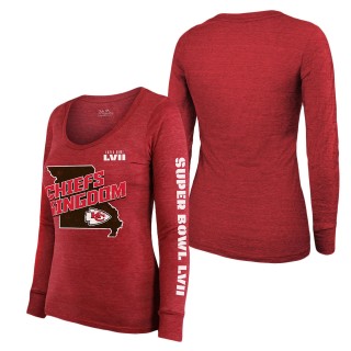 Women's Kansas City Chiefs Majestic Threads Red Super Bowl LVII Local Phrase Tri-Blend Long Sleeve Scoop Neck T-Shirt