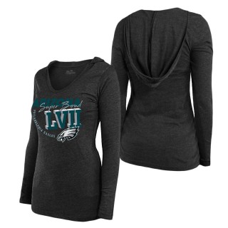Women's Philadelphia Eagles Majestic Threads Black Super Bowl LVII High Tide Tri-Blend V-Neck Long Sleeve Hoodie T-Shirt