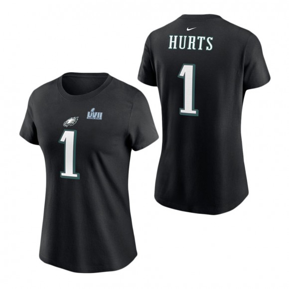 Women's Philadelphia Eagles Jalen Hurts Nike Black Super Bowl LVII Name & Number T-Shirt