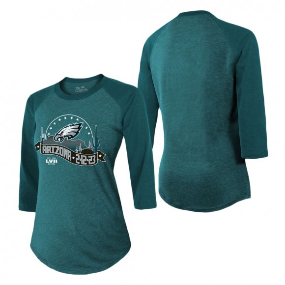 Women's Philadelphia Eagles Majestic Threads Midnight Green Super Bowl LVII Desert Tri-Blend Raglan 3 4 Sleeve T-Shirt