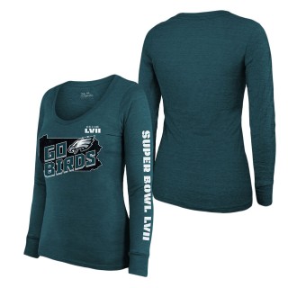 Women's Philadelphia Eagles Majestic Threads Midnight Green Super Bowl LVII Local Phrase Tri-Blend Long Sleeve Scoop Neck T-Shirt