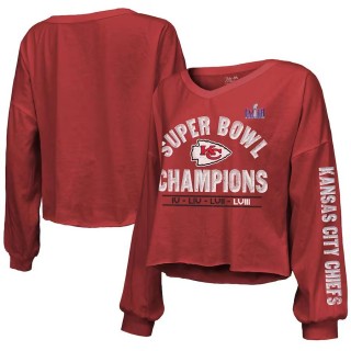 Women's Chiefs Red Super Bowl LVIII Champions Always Champs Off-Shoulder Long Sleeve V-Neck T-Shirt