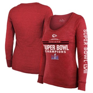 Women's Chiefs Red Super Bowl LVIII Champions Goal Line Stand Scoop Neck Tri-Blend Long Sleeve T-Shirt