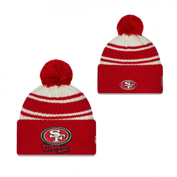 Youth San Francisco 49ers Cream Scarlet 2022 Sideline Sport Cuffed Pom Knit Hat