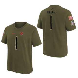 Youth Chicago Bears Justin Fields Olive 2022 Salute To Service Name & Number T-Shirt