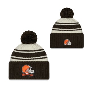 Youth Cleveland Browns Cream Brown 2022 Sideline Sport Cuffed Pom Knit Hat