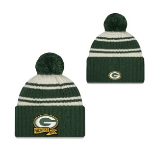 Youth Green Bay Packers Cream Green 2022 Sideline Sport Cuffed Pom Knit Hat