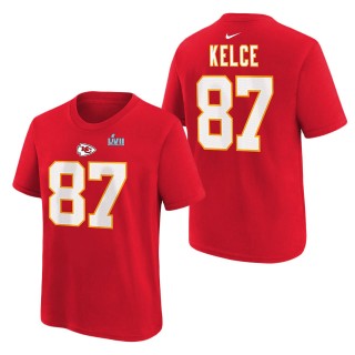 Youth Kansas City Chiefs Travis Kelce Nike Red Super Bowl LVII Name & Number T-Shirt