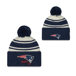 Youth New England Patriots Cream Navy 2022 Sideline Sport Cuffed Pom Knit Hat