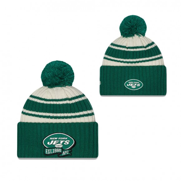 Youth New York Jets Cream Green 2022 Sideline Sport Cuffed Pom Knit Hat