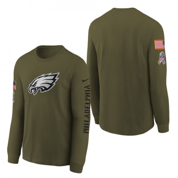 Youth Philadelphia Eagles Olive 2022 Salute To Service Team Logo Long Sleeve T-Shirt