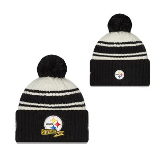 Youth Pittsburgh Steelers Cream Black 2022 Sideline Sport Cuffed Pom Knit Hat