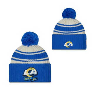 Youth Los Angeles Rams Cream Royal 2022 Sideline Sport Cuffed Pom Knit Hat