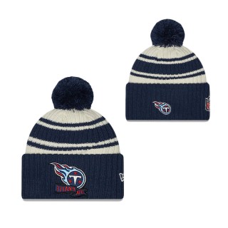 Youth Tennessee Titans Cream Navy 2022 Sideline Sport Cuffed Pom Knit Hat